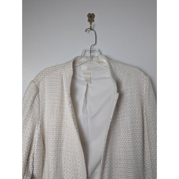Chico's Textured Embellished Trim Cream Gold Jacket Size 2 (L) Lined Cruise - Picture 4 of 11